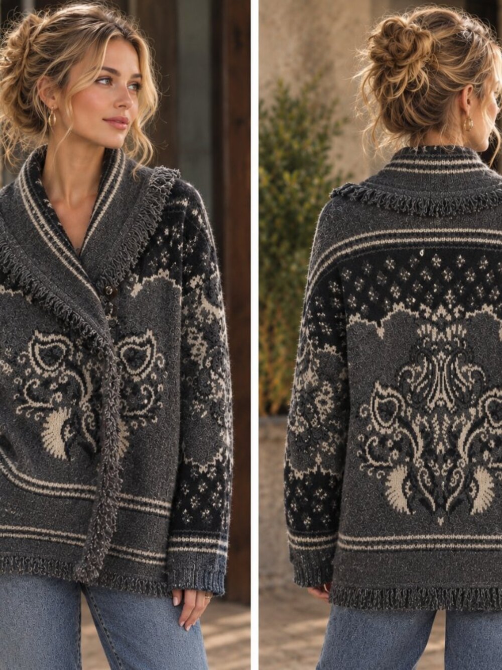 Hale Bob Gray Boho Fringe Jacquard Western Cardigan Sweater Boho Chic L